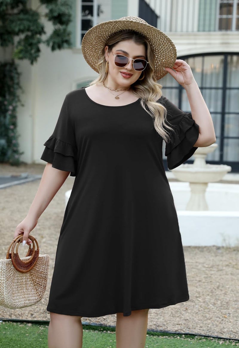 Nemidor Plus Size Casual Dresses for Curvy Women Summer Ruffle Sleeve T-Shirt Swing Mini Dress with Pocket 14-26(179,20,Black) - Image 5